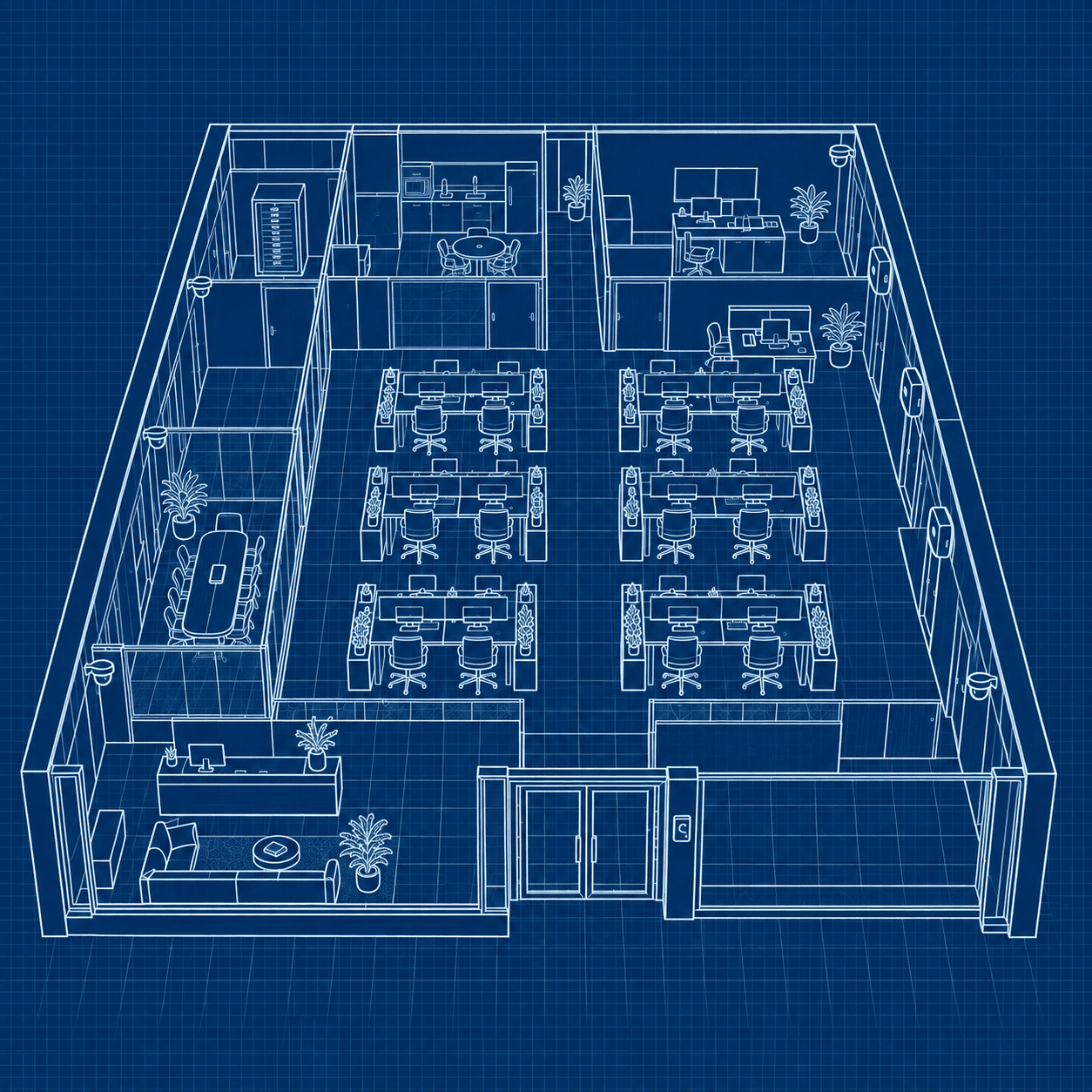 Blueprint of a corporate office with reception, workstations, meeting room and a dedicated IT room