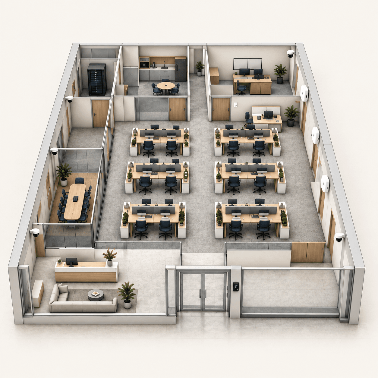Illustrative installed office with the network rack in a dedicated IT room, CCTV, wall mounted Wi-Fi and entry access control