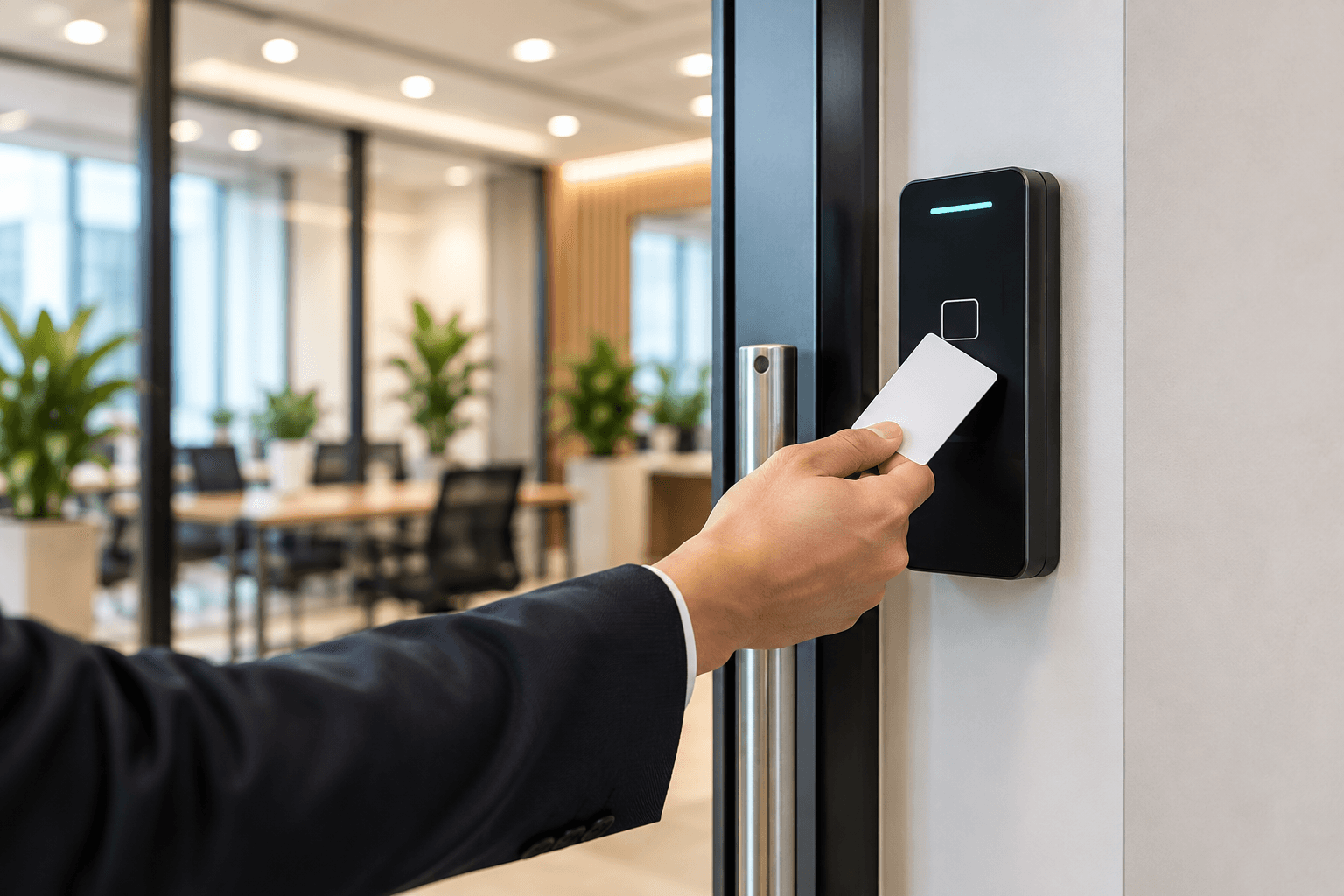 Person presenting an access card to an office door reader