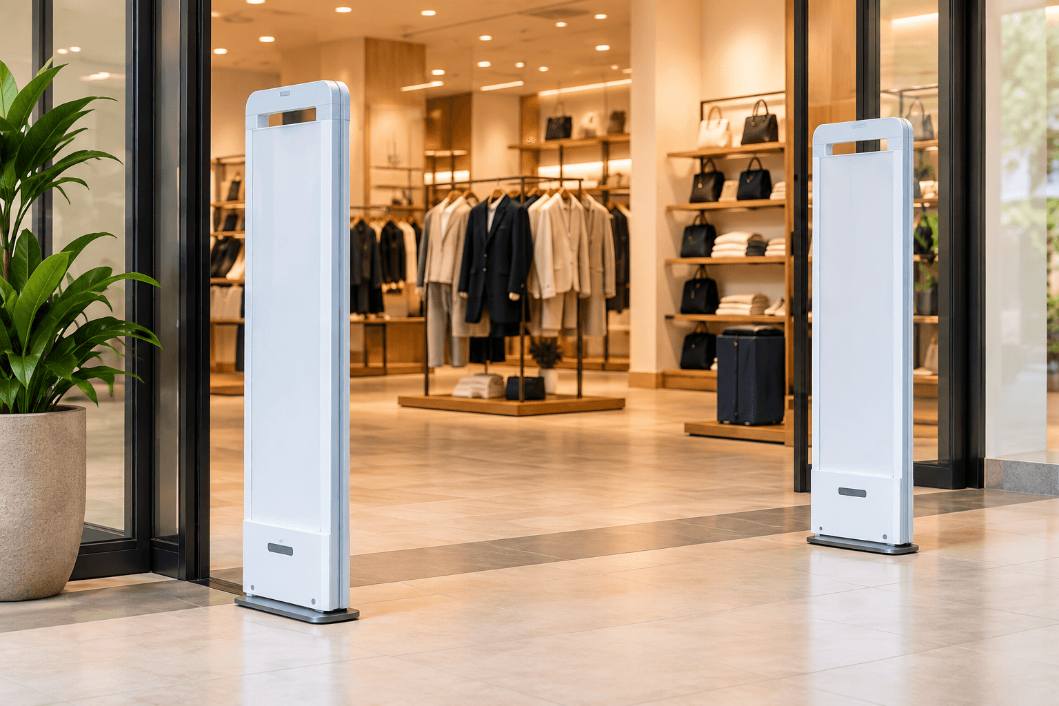 Two anti-theft EAS pedestals at a boutique entrance