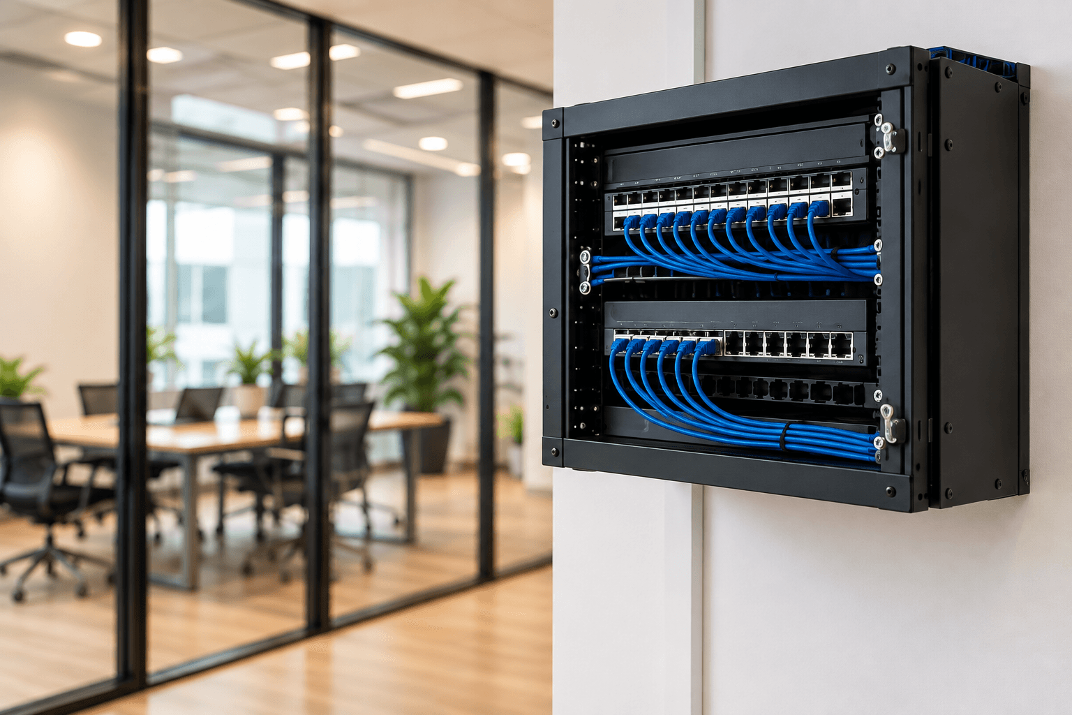 Network cabinet with switches and organised blue Ethernet cables