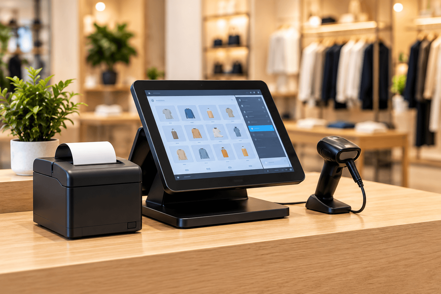 Retail touchscreen POS terminal with receipt printer and barcode scanner