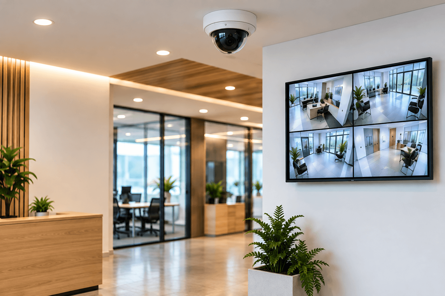 Ceiling CCTV camera and a monitor showing four office security views