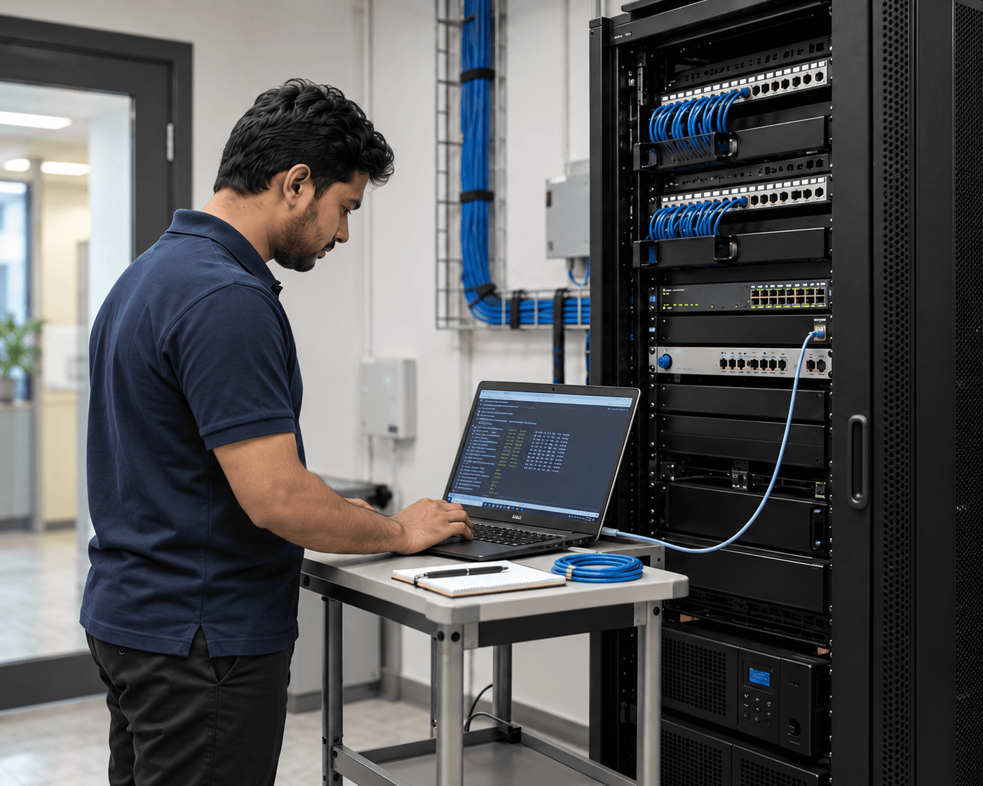 Illustrative technician inspecting network diagnostics on a laptop beside an office network rack