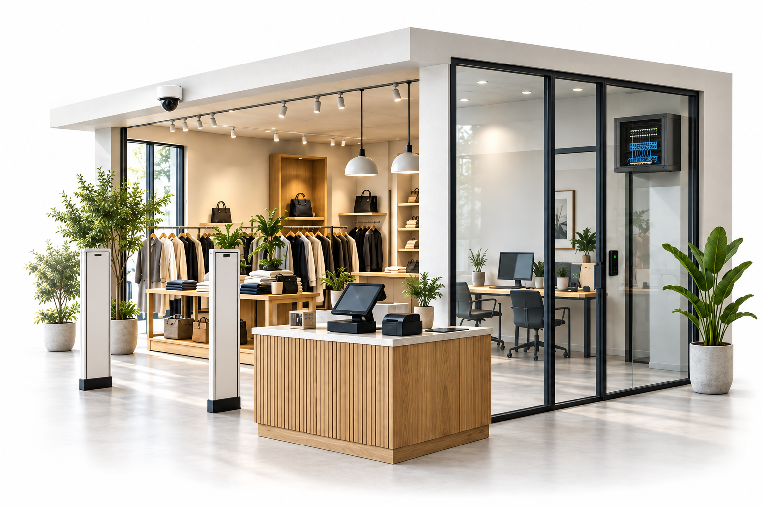 Illustrative retail store and adjoining office with CCTV, EAS entrance gates, POS checkout, access reader and network cabinet.